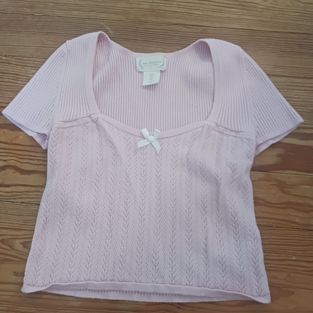 Light Pink Ribbed Crop Top with Bow Accent Size L